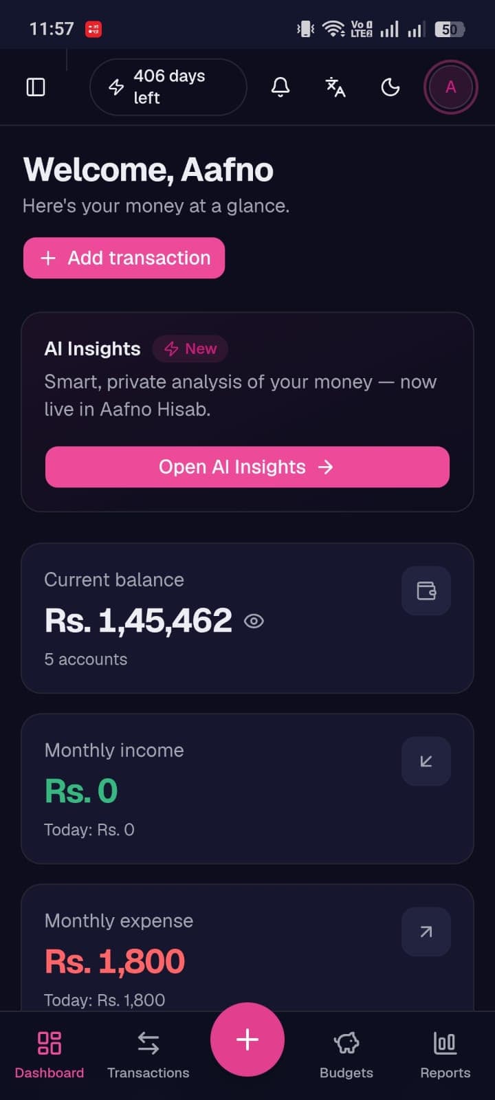 The Aafno Hisab dashboard on a phone