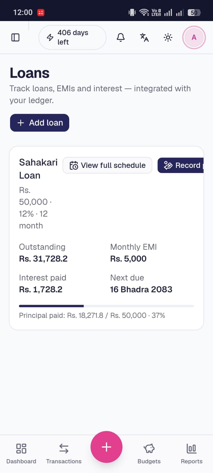 Loan schedule, Aafno Hisab