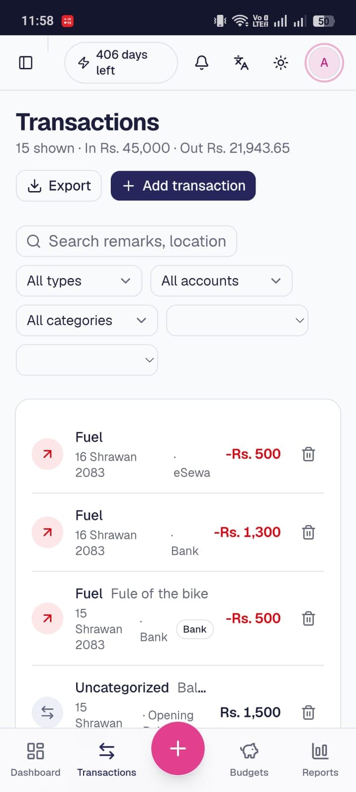 Transactions, Aafno Hisab