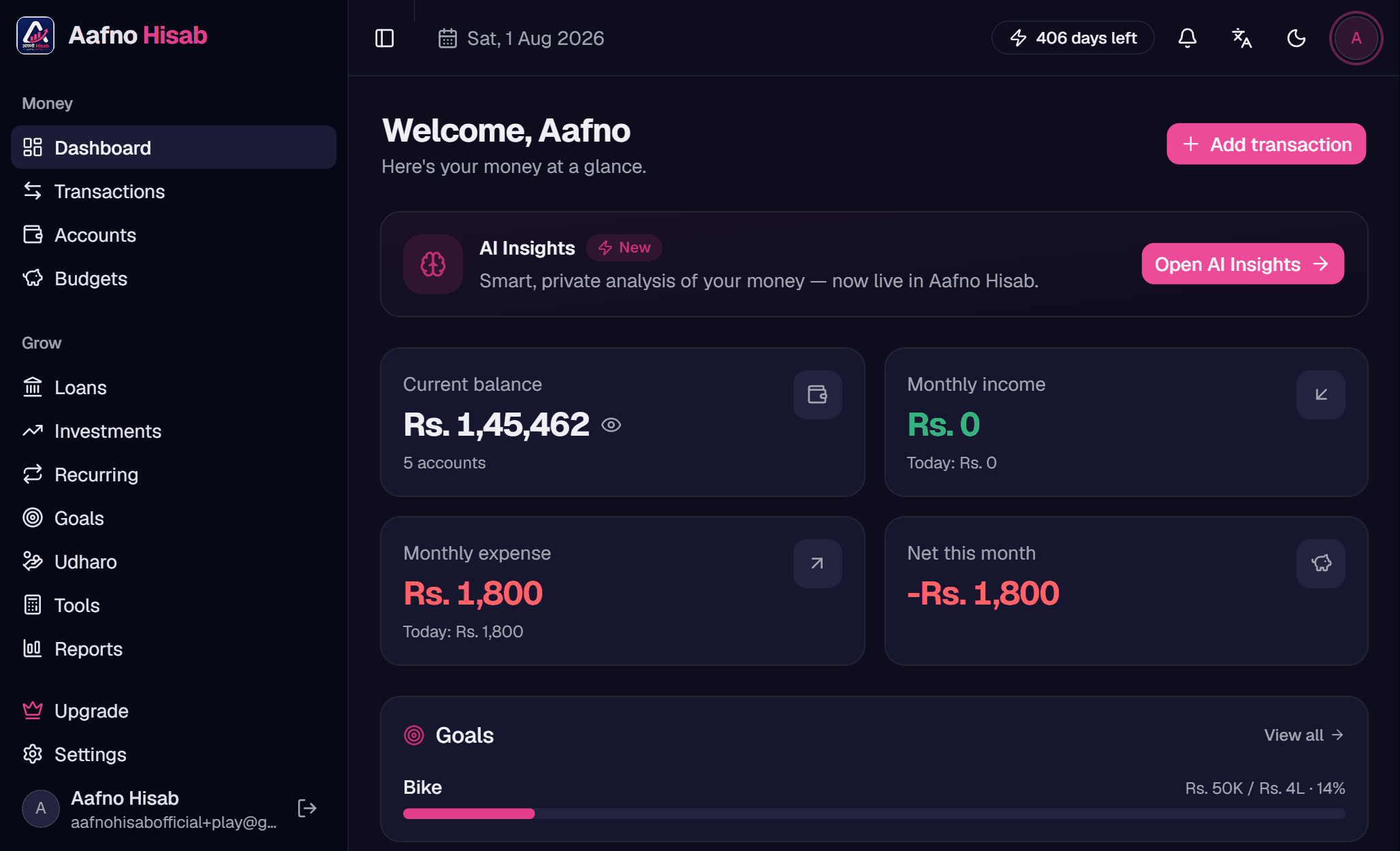 Dashboard, Aafno Hisab on desktop