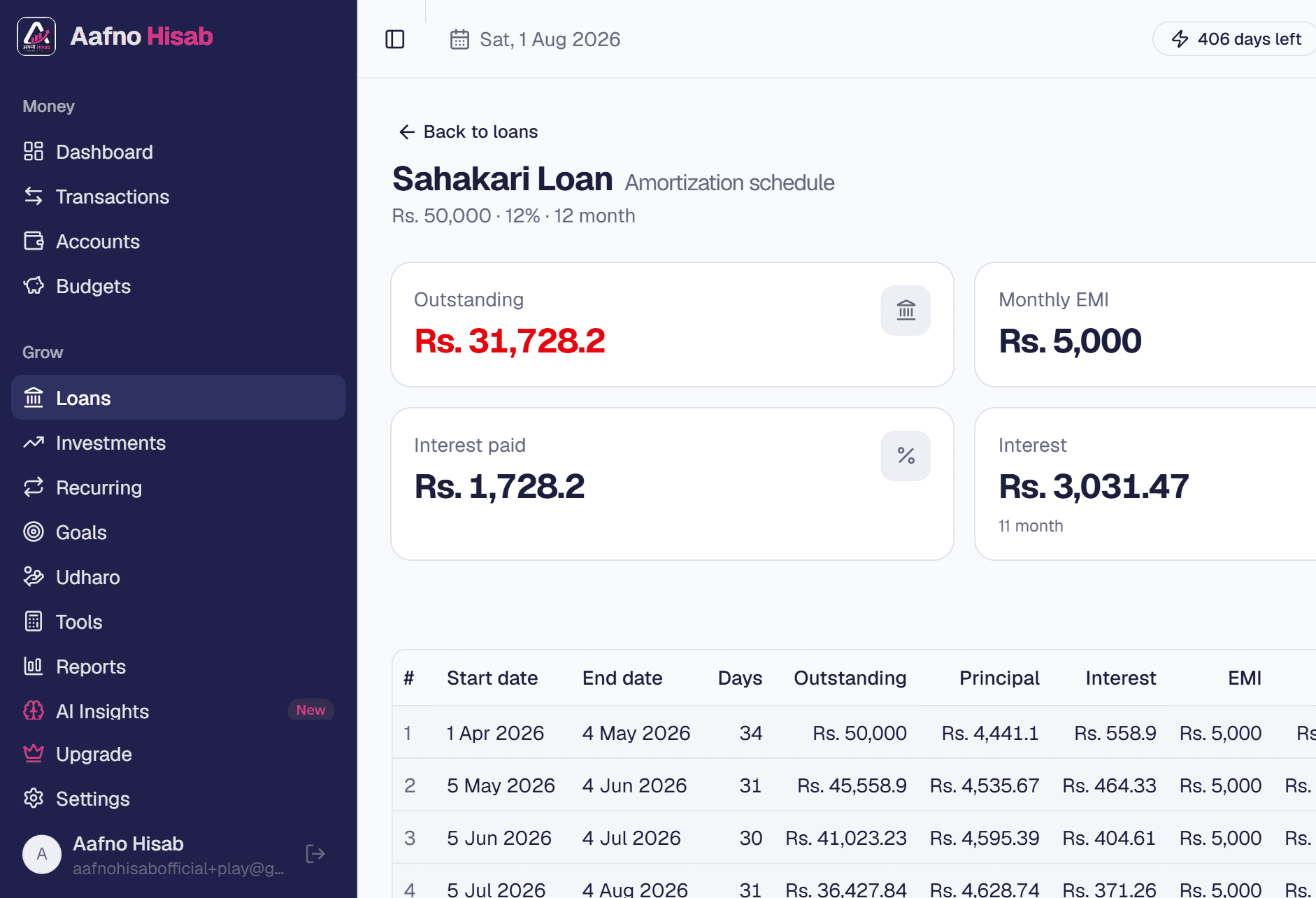 Loan schedule, Aafno Hisab on desktop